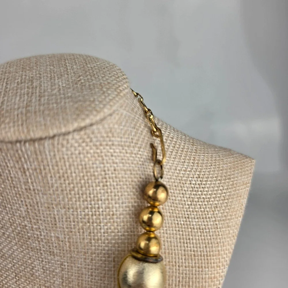 Vintage 1990s Chunky Statement‎ Necklace Amethyst Stone Painted Beads Gold Tone